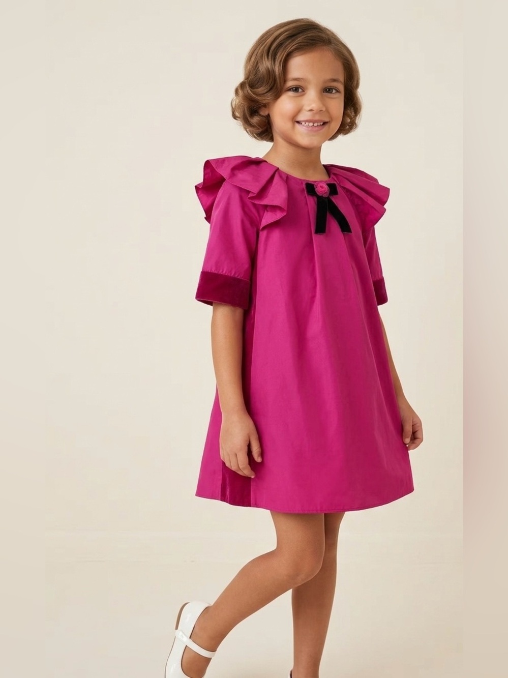 LiaLea Girls Fuchsia Pink Special Occasion Shift Dress Ruffle Velvet Bow Sz 7/8